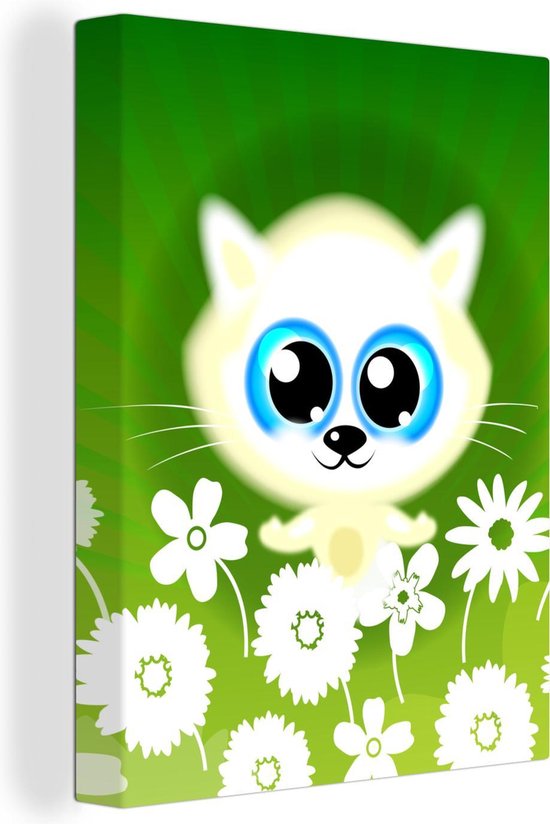Canvas Schilderij Een illustratie van een kat met blauwe ogen in een veld met bloemen - 90x120 cm - Wanddecoratie