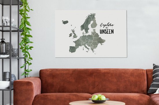 Carte de l'Europe à l'aquarelle grise avec la citation Explorez l'invisible 120x80 cm - Tirage photo sur toile (Décoration murale salon / chambre)