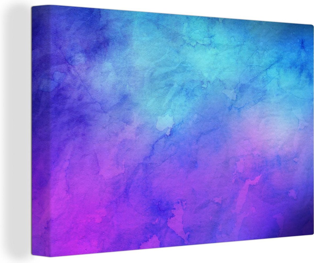 Canvas Schilderij Waterverf - Paars - Blauw - Lichtblauw - 30x20 cm - Wanddecoratie