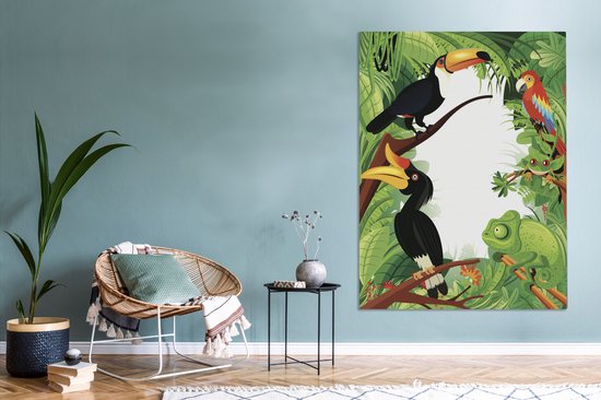 Une illustration vectorielle d'une forêt tropicale avec des toucans sur toile 120x160 cm - Tirage photo sur toile (Décoration murale salon / chambre) XXL / Grand format!