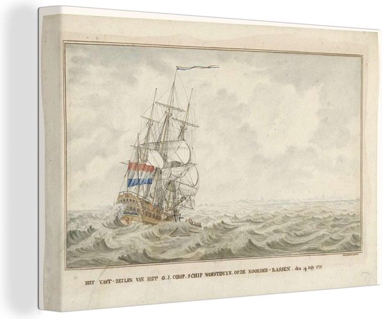 Een schip met Nederlandse vlag vaart op ruige zee. De vlag is rood, wit en blauw.