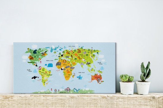 Toiles Peintures - Wereldkaart Enfants - Animaux - Couleurs - 40x20 cm - Décoration murale