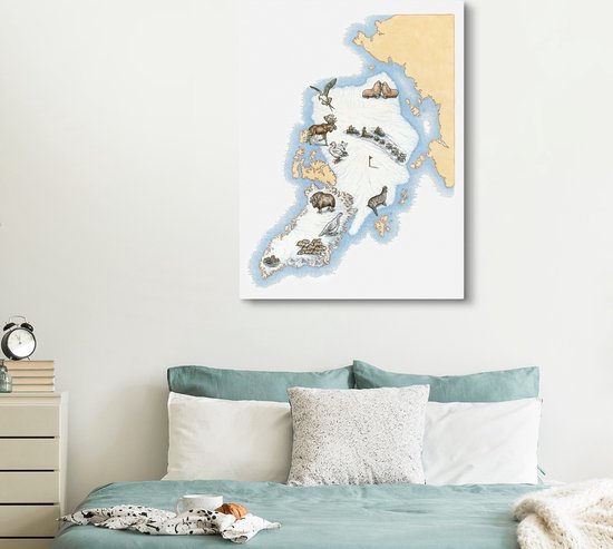 Une carte du Groenland avec des illustrations sur toile 120x160 cm - Tirage photo sur toile (Décoration murale salon / chambre) XXL / Groot format!