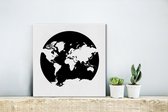 Canvas Wereldkaart - 20x20 - Wanddecoratie Wereldkaart - Cirkel - Zwart Wit