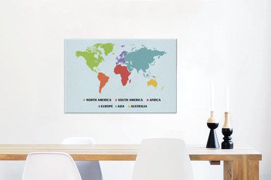 Canvas Wereldkaart - 90x60 - Wanddecoratie Wereldkaart Kinderen - Trendy - Kleuren