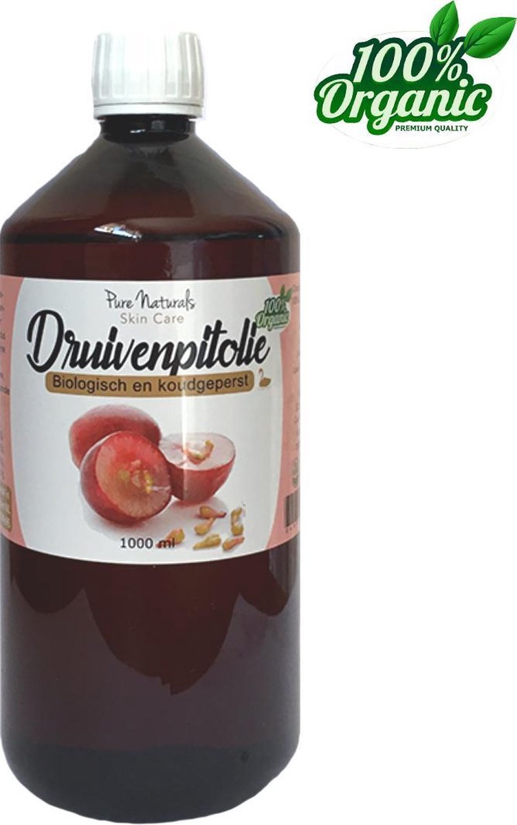 Goedkoopste Druivenpit olie 1000 ml - Biologisch - 100 Puur - Koudgeperst - Huidolie - Haarmasker - Baard - Makeup-remover - Pure Naturals
