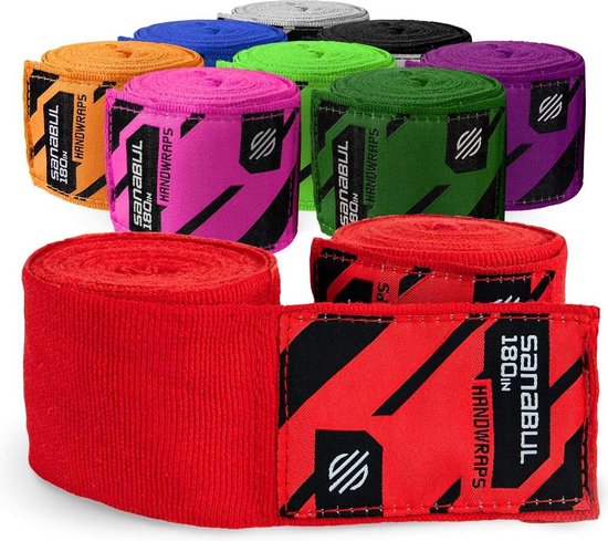 Een reeks opgerolde rode, oranje, blauwe, groene, roze en paarse bandages, met een zwart en rood 'Sanabul Handwraps 180in' label.