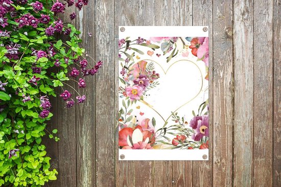 Tuinposter 40x60 cm - Tuindecoratie Bloemen - Hart - Waterverf - Patroon - Poster voor in de tuin - Buiten decoratie - Schutting tuinschilderij - Tuindoek muurdecoratie - Wanddecoratie balkondoek