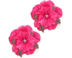 Set van 4x stuks roze speld Hawaii haarbloem met veertjes - Verkleed bloemen voor in je haar