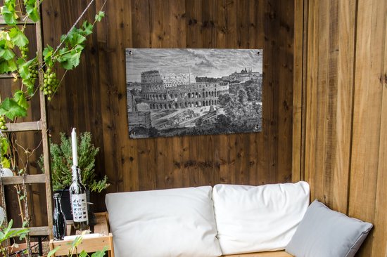 Tuinposter 90x60 cm - Tuindecoratie Illustratie van het Colosseum in zwart-wit - Poster voor in de tuin - Buiten decoratie - Schutting tuinschilderij - Tuindoek muurdecoratie - Wanddecoratie balkondoek