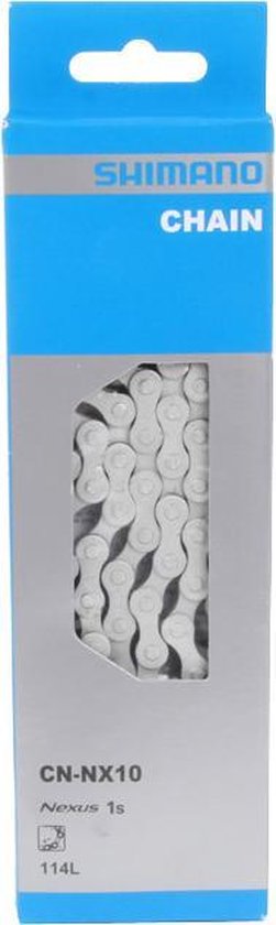 Shimano kettingverpakking met een raam dat een zilverkleurige 114-schakel ketting toont. "SHIMANO CHAIN CN-NX10 Nexus 1s 114L"