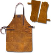 Leren Schort + Leren Handschoenen - Lederen Schort – Ochre Vintage - Kokschort - BBQ Schort - Kookschort - Vaderdag - 81 cm x 56 cm Inclusief