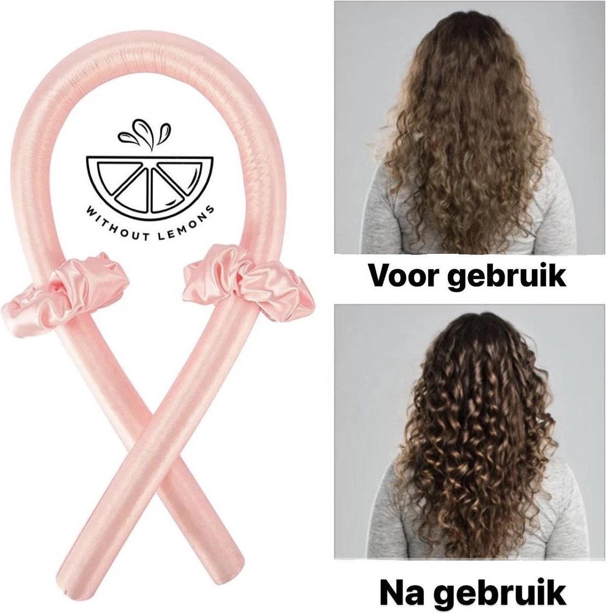 Without Lemons Heatless curls ROZE |Heatless Haarkruller | haarkruller met haarklem en twee scrunchies |Zijde haarkruller |Heatless curling ribbon silk | Musthave | Vrouwen |Cadeau |Gezonde haren |Trend |TikTok
