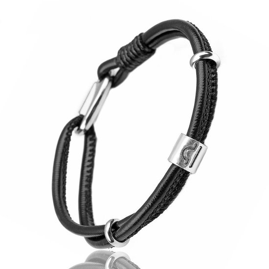 Weegschaal / Libra - Leren Armband met Sterrenbeeld Hanger - Zwart Leer - Staal - Astrologie - Armbanden - Cadeau voor Man - Mannen Cadeautjes
