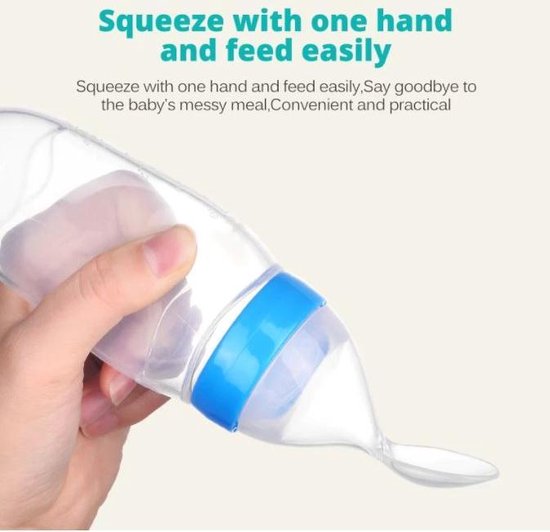 Babyflesje - Baby Knijpfles - Baby knijpfles met lepel - 90ml - Blauw - Feeding spoon - Flesje met lepel - Knijpfles - Silicone - Baby fles met zuignap