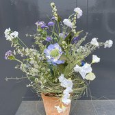 Seta Fiori - Zijden Bloemen Kunstboeket - Gras boeket - blauw grijs - met tulpjes - veldboeket - 55cm