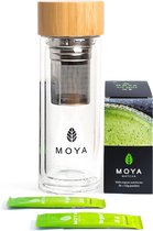 MOYA Matcha Traditional TO GO Set! | 24 Portie Verpakkingen met 1,5g Matcha Traditional Grade en een Dubbelwandige Glazen Meeneem Fles om Thee te zetten