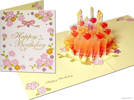 Popcards popupkaarten – Romantische Taart met gouden kaarsen Happy Birthday Verjaardag Felicitatie verjaardagstaart verjaardagskaart pop-up kaart 3D wenskaart