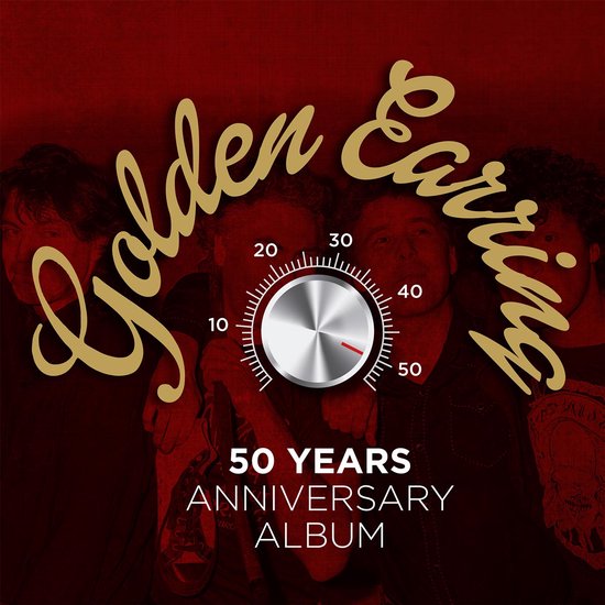 Albumhoes met "Golden Earring 50 Years Anniversary Album" tekst en een volumeknop. Vier mannen op de achtergrond.