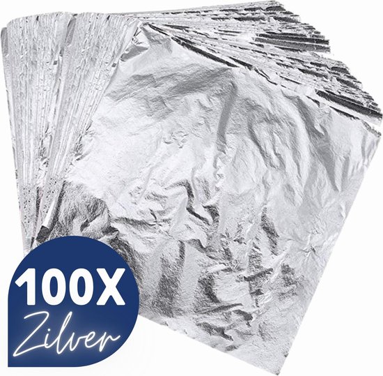 Een stapel zilvergrijs bladzilver, met de tekst '100X Zilver'.