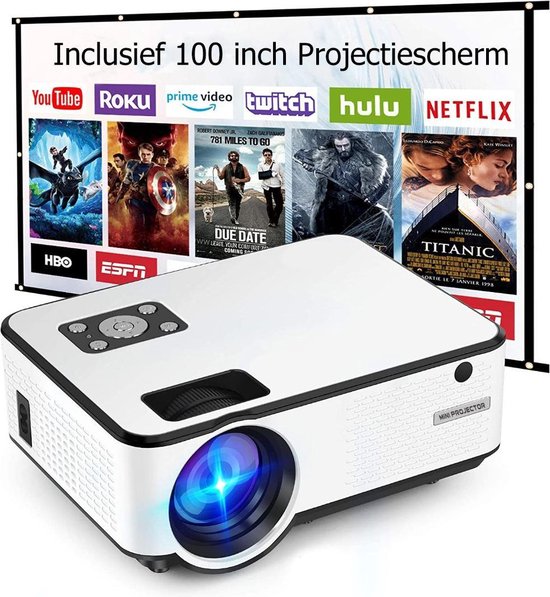 Relave - Input tot Full HD Beamer - 6500 Lumens - Mini Projector - Streamen met Telefoon Via Wifi - Afstandsbediening - Inclusief Projectiescherm