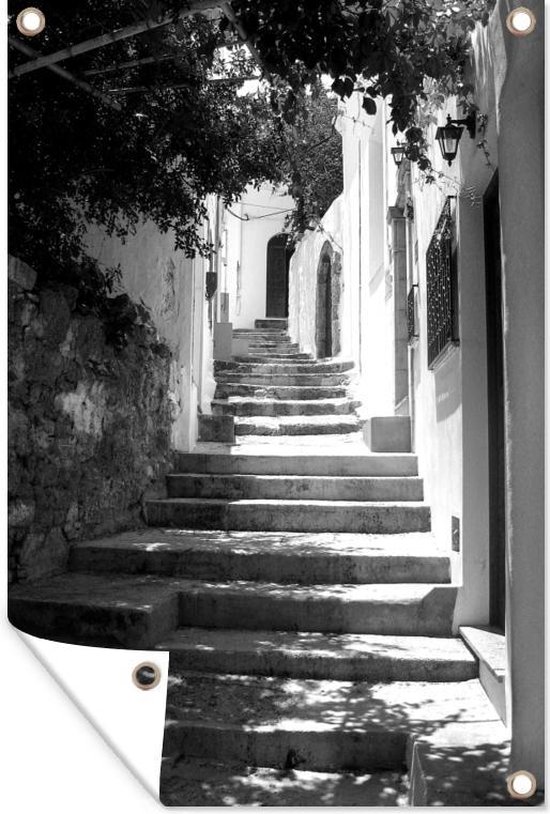 Tuinposters buiten Prachtige trappen in de straten van de Oude stad van Rhodos - zwart wit - 60x90 cm - Tuindoek - Buitenposter