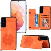 Voor Samsung Galaxy S21 FE Mandala Reliëf PU + TPU Case met Houder & Kaartsleuven & Fotolijst & Band (Geel)