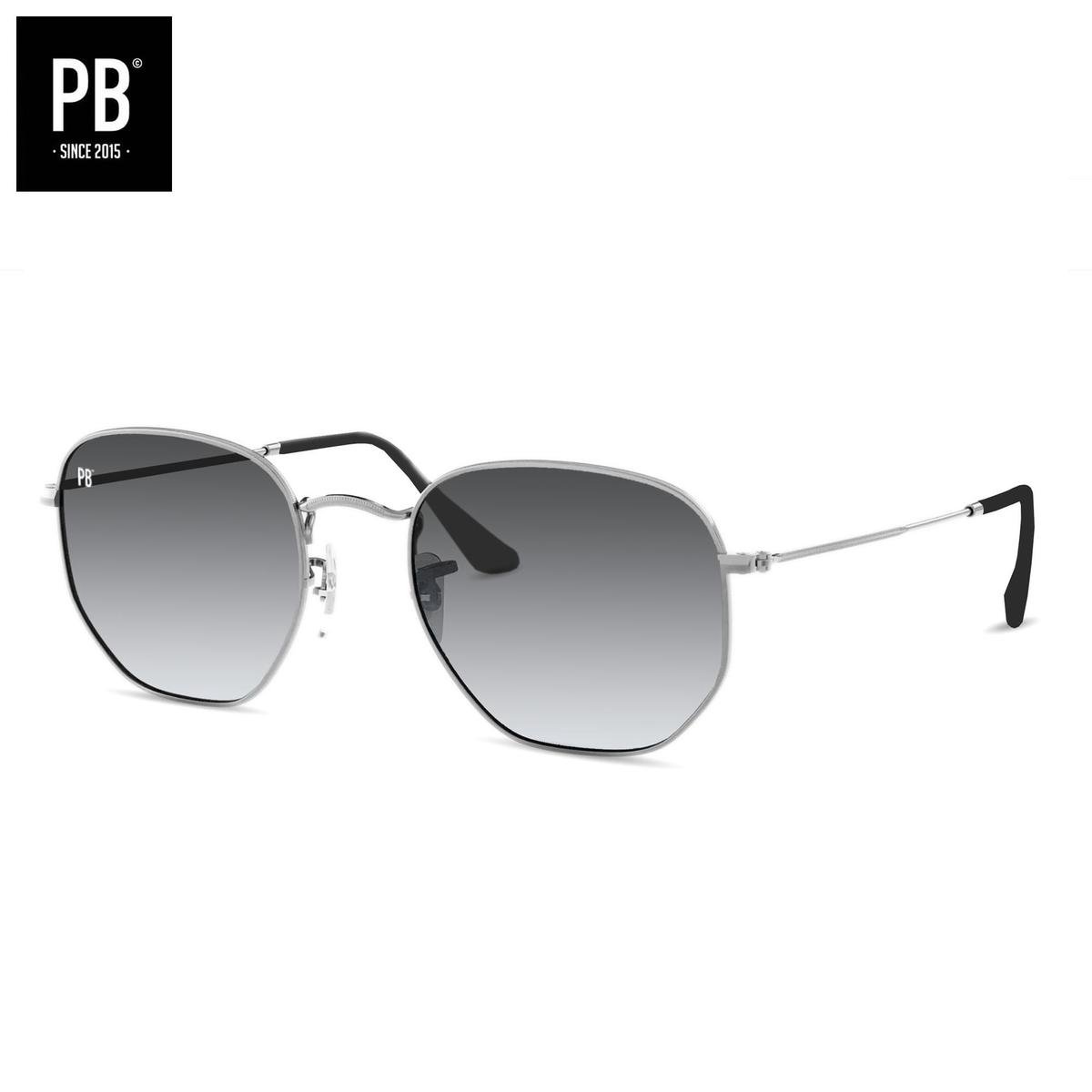 PB Sunglasses - Hex Silver Gradient Grey. - Zonnebril heren en dames gepolariseerd - Hexagon stijl - Zilver metalen frame