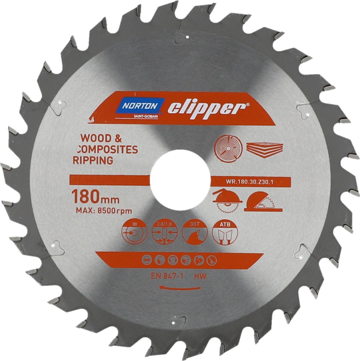 Norton Clipper Hout en Composiet - Zaagblad ATB Ripping - 180mm - 30 tanden - Voor Cirkelzagen en Afkortzagen