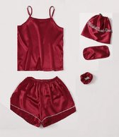 Zomer Pyjamaset van 2 items met Contrastzoom + 3-tal Accessoires, Satijn, Bordeaux, Maat S