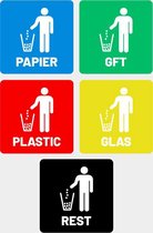Afvalstickers voordeelset 5 stuks 10x10cm - Papier - Plastic - Glas - GFT - Rest - Recycle stickers - Container stickers - Afvalbak - Prullenbak - Afval - Afval stickers