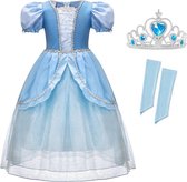 Assepoester jurk Prinsessen jurk Superior 116-122 (120) blauw + mouwen-broche-kroon- verkleedjurk verkleedkleding