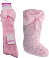 2 paar Pelerine Kniekousen met Strik - Roze & Wit - Maat: 3-6 mnd