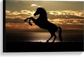 Canvas  - Silhouet van Steigerend Paard op het Strand - 60x40cm Foto op Canvas Schilderij (Wanddecoratie op Canvas)