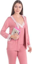 Dames Katoen Pyjama | 4-delige set | Katoen nachtkleding | Katoen nachthemd | Elegant Katoen Ochtendjas| Cadeau voor dames | kleur: roos | maat: XL/XXL