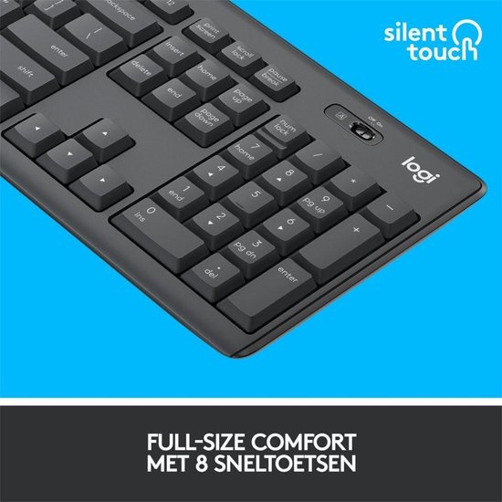 Detailopname van een zwart Logitech toetsenbord met numeriek toetsenblok. Tekst: FULL-SIZE COMFORT MET 8 SNELTOETSEN.