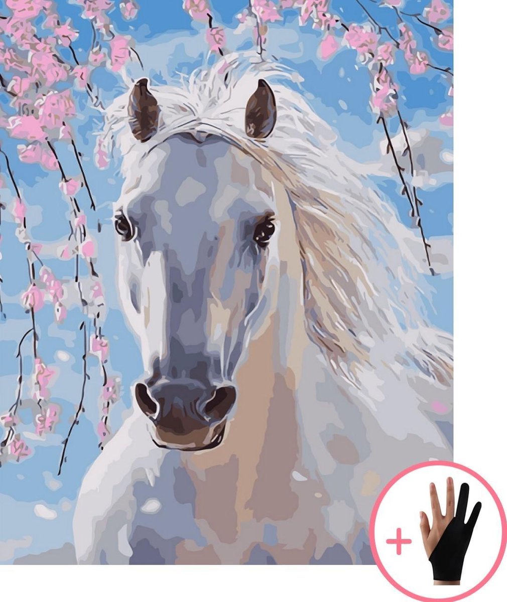 Schilderen Op Nummer Volwassenen Wit Paard Roze Bloesem Dieren - 40x50 cm - Inclusief Tekenhandschoen - Paint By Number Volwassenen