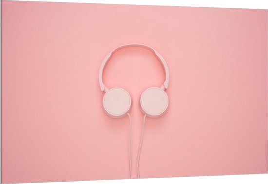 Dibond - Roze Koptelefoon op Roze Achtergrond - 150x100cm Foto op Aluminium (Wanddecoratie van metaal)