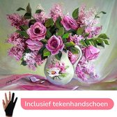 Schilderen Op Nummer Volwassenen Roze Boeket In Vaas Bloemen – 50x40 cm - Inclusief Tekenhandschoen - Paint By Number Volwassenen