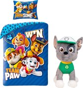 Paw Patrol Dekbedovertrek Team Paw- Eenpersoons- 140 x 200 cm - Katoen- blauw, incl. pluche pop Rocky 27 cm