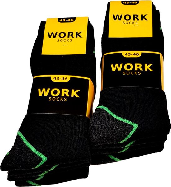 Twee verpakkingen zwarte werksokken met fluor groene accenten en gele "WORK SOCKS" labels.