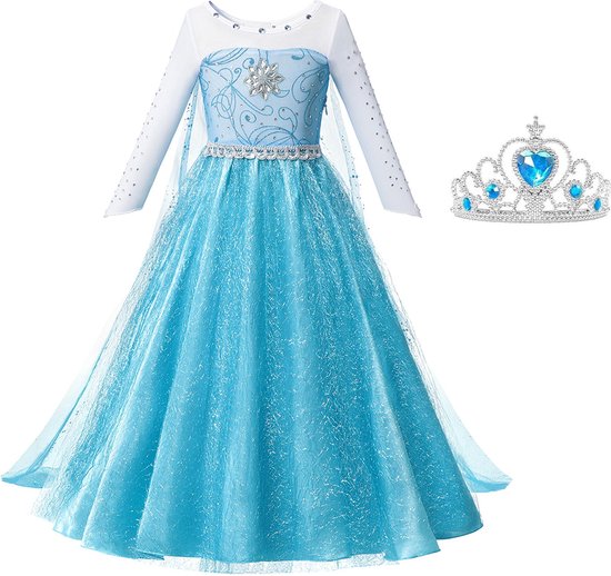 Elsa jurk Ster Glamour met sleep + kroon blauw maat 104-110 (120) Prinsessenjurk meisje verkleedkleren meisje