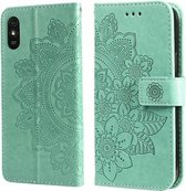 Voor Xiaomi Redmi 9A 7-bloemblaadje Bloemen Embossing Patroon Horizontale Flip PU Lederen Case met Houder & Kaartsleuven & Portemonnee & Fotolijst (Groen)