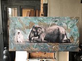 Olifant en kind- Mixed Media-Katoenen canvasdoek op houten frame-70x140cm,3D