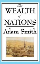 Couverture du livre "The Wealth of Nations" par Adam Smith avec une image d'une ville avec une église et des montagnes en arrière-plan.