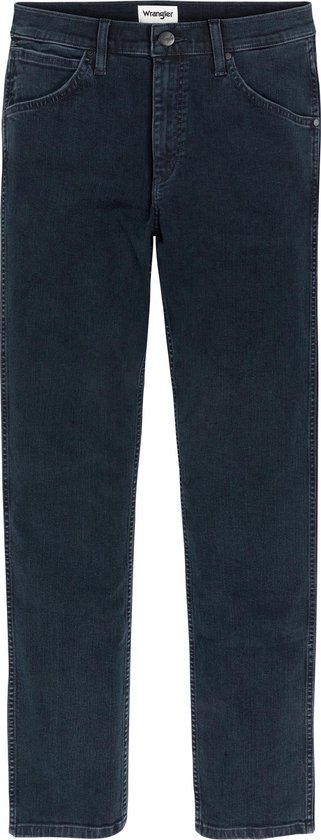 Een Wrangler-spijkerbroek in donkerblauw, recht model, zonder model.