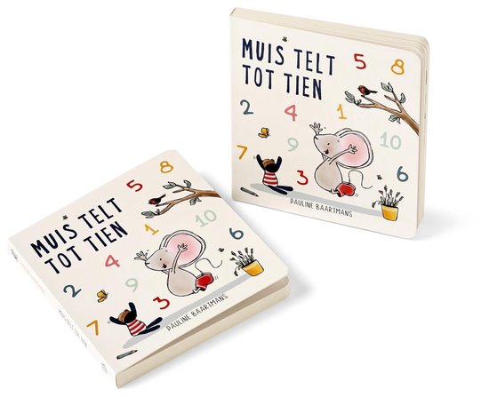 Twee boeken 'Muis telt tot tien' op een witte achtergrond. Eén boek is open.