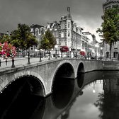 JJ-Art (Glas) 80x80 | Brug met bloemen en bomen over de gracht in Amsterdam in zwart wit met steunkleuren | Nederland, vierkant, stad | Foto-schilderij-glasschilderij-acrylglas-acr