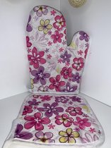 ovenwant + ovendoek bloemenprint roze