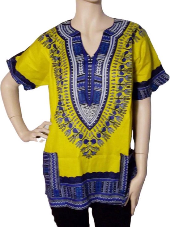 Afrikaanse Dashiki Hemd Dames Blouse - Afrika Shirt Vrouwen - Korte Kaftan 164 Kind en Volwassenen Geel